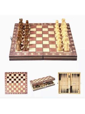 Classic Wooden Magnetic Chess and Backgammon Set 9.3”x 9.3”- Brown & Cream